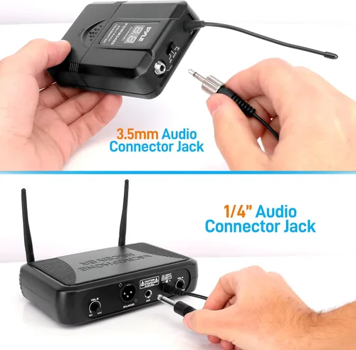 Vista 6 de Pyle Sistema de micrófono inalámbrico de 2 canales, juego de micrófono digital UHF portátil con 2 auriculares, 2 solapas, 2 transmisores, cable de ¼