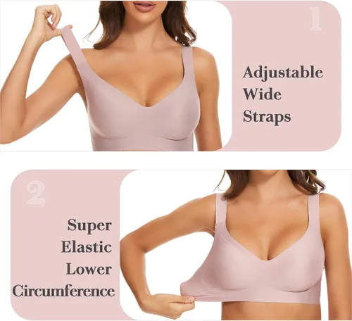 Vista 3 de Brasier sin costuras inalámbrico para mujer, cuello en V profundo, cómodo brasier con cobertura completa, sujetadores acolchados cómodos