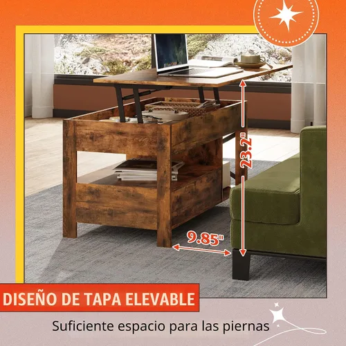 Vista 4 de WLIVE Mesa de Centro, Mesa de Centro Elevable de 39 pulgadas con Compartimento Oculto, Cajones de Almacenamiento y Estante de Almacenamiento
