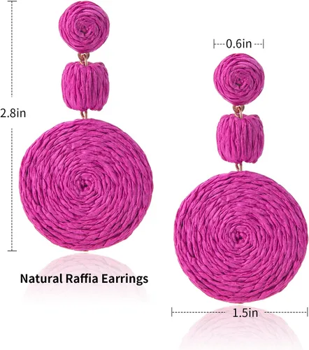 Vista 2 de Aretes de bola de rafia boho para mujer, aretes redondos de rafia Joyería de vacaciones de verano en la playa