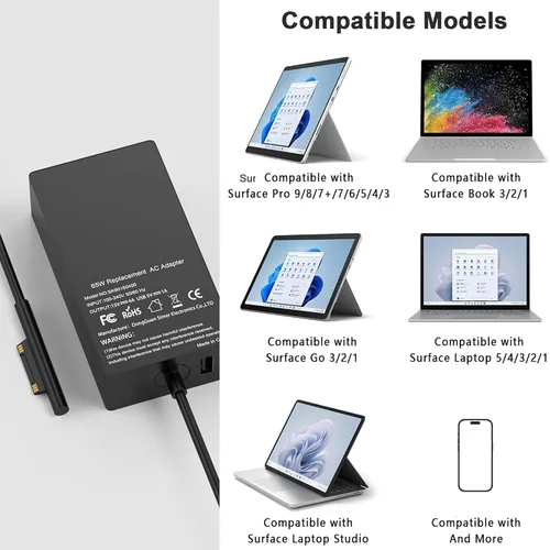 Vista 4 de Compatible con Microsoft Surface Charger, 65W Surface Pro Charger, compatible con Surface Pro 11,9,8,7,6,5,4,3,X Surface Laptop 7,6,5,4,3,2,1 Black6