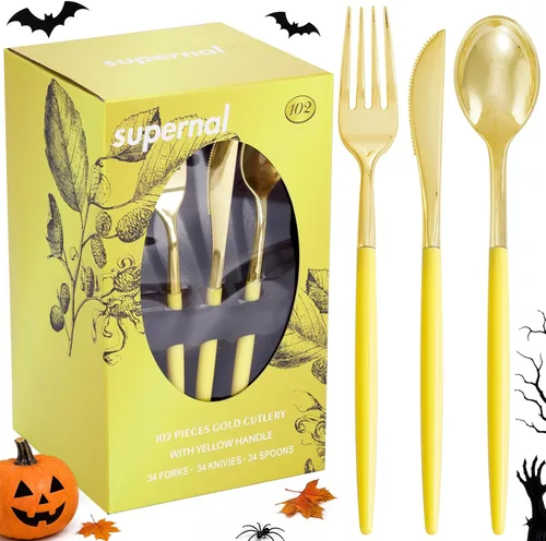Vista 20 de Supernal 102 cubiertos de plástico dorados, cubiertos dorados con mango negro, colección de cubiertos desechables, incluye 34 tenedores de plástico
