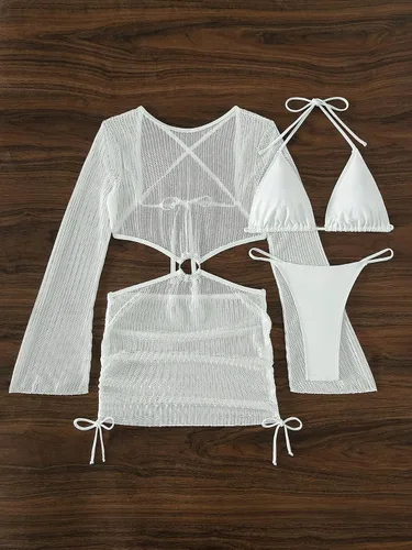 Vista 3 de MakeMeChic Traje de baño de 3 piezas para mujer con lazo en la espalda halter triangular tanga bikini conjunto con vestido de salida de baño