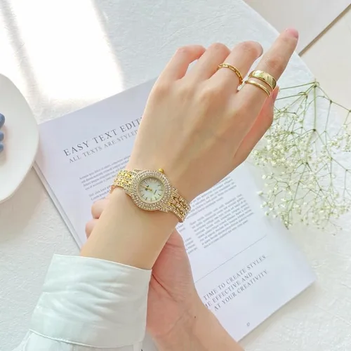 Vista 7 de JewelryWe Women Watches Gold Tone Alloy Rhinestone Quartz Watch Stylish Bling Dress Watch Wristwatches for Christmas