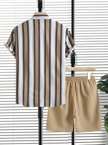 Vista 2 de SHENHE Conjunto de 2 piezas para hombre, camisa de manga corta y pantalones cortos a rayas