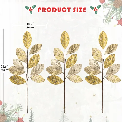 Vista 2 de Hollyone 60 cm de púas y aerosoles de árbol de Navidad 3 piezas tallos artificiales de magnolia color champán hojas de magnolia ramas de hoja de oro