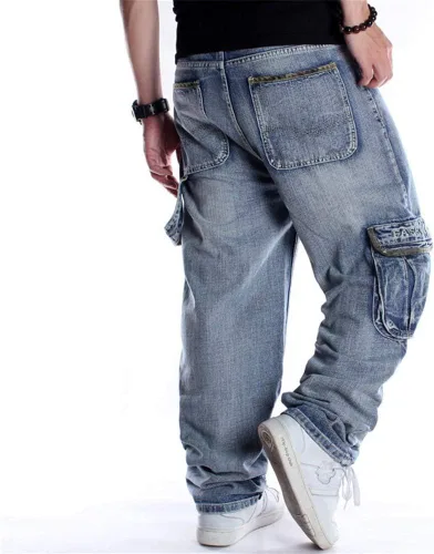 Vista 5 de LUOBANIU Pantalones de mezclilla holgados para hombre, pantalones de hip hop, ajuste holgado, estilo vintage de los años 90, pantalones cargo