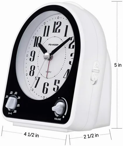 Vista 6 de Peakeep Reloj despertador analógico silencioso sin tictac, 7 sonidos de Negro