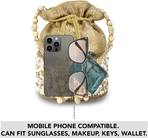Vista 3 de Aheli Bolsas indias Potli para mujer, bolsa de noche, bolso de mano étnico para novia con cordón, regalo para el día de la madre para mamá, dorado 1