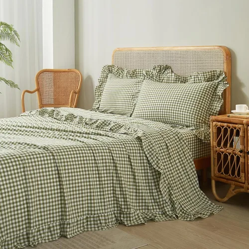 Vista 4 de LifeTB Blue Gingham Ruffle Full Sheets Set 4 Piece Boho Plaid Bed Sheets