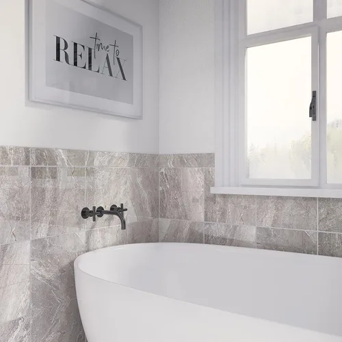 Vista 4 de Daltile Perpetuo - Moldura redondeada de porcelana con aspecto de mármol de porcelana de 3 x 24 pulgadas en gris eterno pulido (se vende por pieza)