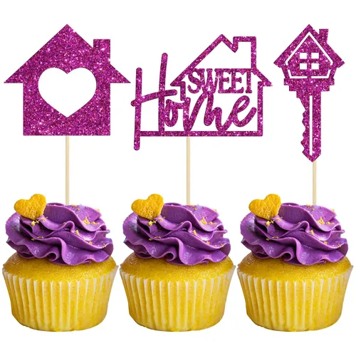 Vista 13 de Gyufise Paquete de 24 adornos para cupcakes Sweet Home con purpurina para inauguración de la casa, para bienvenida, nuevo hogar, fiesta temática