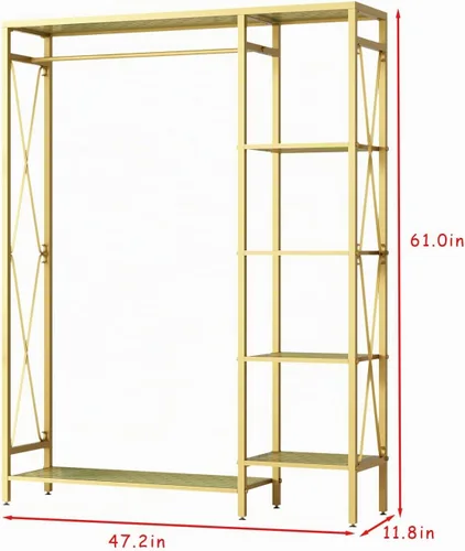 Vista 6 de [Usado] TIEOU Estantes de ropa dorados modernos independientes, estante de ropa dorado con estantes para boutiques, estante de ropa resistente