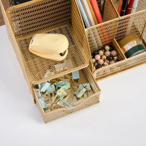 Vista 5 de Martha Stewart Ryder - Organizador de escritorio pequeño de metal de malla dorada para accesorios de oficina, cuadernos, soporte para bolígrafos