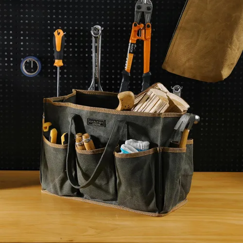 Vista 9 de Bolsa de herramientas de lona encerada resistente de 16 onzas, bolsa de herramientas de jardín Bolsa portátil de almacenamiento de herramientas