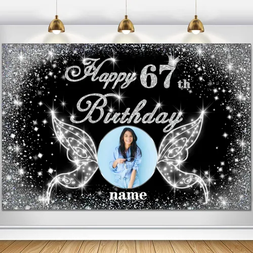 Vista 103 de Cartel personalizado de decoración de fiesta de cumpleaños número 100 - tema de alas de ángel - negro y plateado HY-NLK-100º
