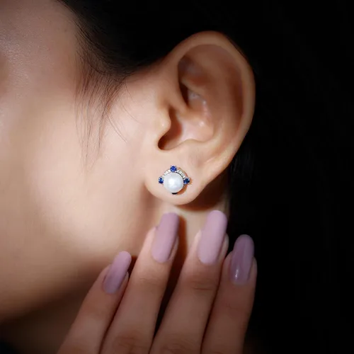 Vista 4 de Mother's Day Gifts for Mom, Pearl Halo Stud Earrings for Women, 7MM Freshwater Pearl, 925 Sterling Silver White Pearl Earrings with Blue Sapphire