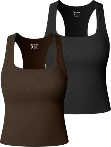 Vista 10 de OQQ Camiseta sin mangas para mujer, 2 piezas, acanalada, cuello cuadrado, sin mangas, elástica, casual, para salir