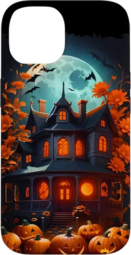 Vista 4 de iPhone 16 Halloween Spooky Haunted House Bats & Carved Pumpkins Case