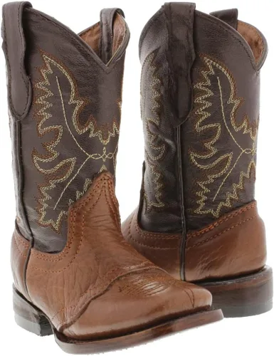 Vista 3 de Kids Grizzly Honey Brown Western Cowboy Boots Leather Solid Square Toe Botas