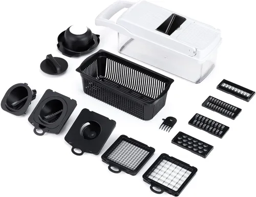Vista 7 de KEOUKE Cortador de verduras de mandolina pro - Cortador de alimentos con 16 cuchillas intercambiables con recipiente, protector manual y escurridor