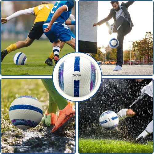 Vista 6 de Balón de fútbol oficial de partido ZWAW tamaño 5 – de cuero PU impermeable, incluye inflador y agujas, bolsa de almacenamiento de malla para fácil
