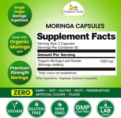 Vista 7 de Organic Veda Cápsulas de hoja de Moringa de 1200 mg, 120 unidades – Polvo puro de Moringa Oleifera en polvo de hojas enteras verde suplemento súper