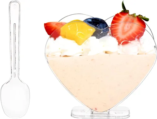 Vista 3 de Coloch Paquete de 100 mini tazas de postre en forma de corazón con cuchara para postre de 4 onzas/2.7 onzas líquidas, taza de aperitivo de plástico