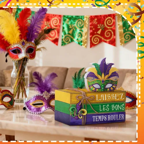 Vista 6 de 4 piezas de decoraciones de Mardi Gras para el hogar, centros de mesa de Mardi Gras, máscaras de mascarada, decoraciones de mesa, bloques de madera