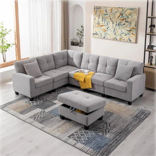 Vista 17 de Sofá modular convertible con otomana de almacenamiento, 7 plazas, en forma de L, moderno sofá esquinero de terciopelo para sala de estar