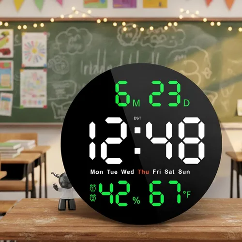 Vista 10 de Reloj digital grande para aula, relojes digitales para profesores, reloj LED redondo de 10 pulgadas con pantalla grande, fecha, temporizador de Azul