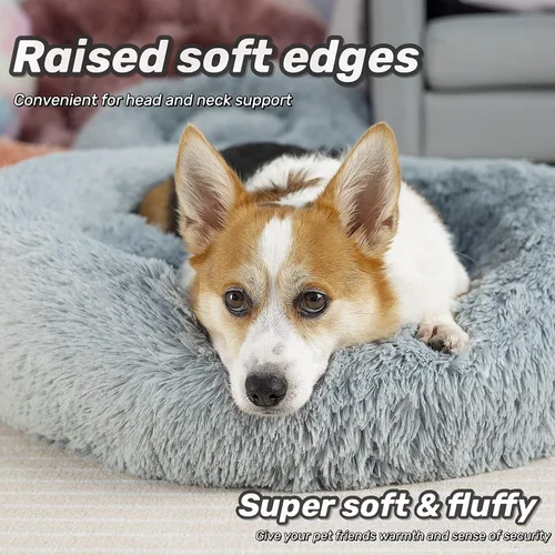 Vista 3 de Cama redonda antiansiedad de felpa sintética esponjosa cálida y lavable para perros y gatos, cama original para mascotas pequeñas, medianas