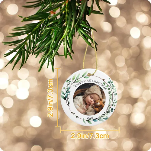 Vista 5 de Adornos personalizados para la primera Navidad del bebé, adornos colgantes de cerámica con foto de bebé, regalo de recuerdo para bebé recién nacido