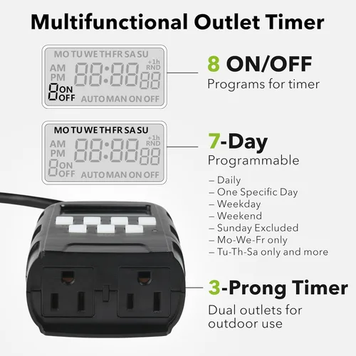 Vista 2 de BN-LINK Temporizador programable digital resistente para exteriores de 7 días BND/U78, 125VAC, 60Hz, doble salida, resistente a la intemperie