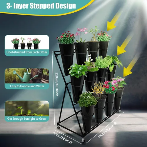 Vista 3 de Soporte de exhibición de flores con cubos y ruedas, estante de flores rodante de 3 niveles de metal para plantas interior y exterior