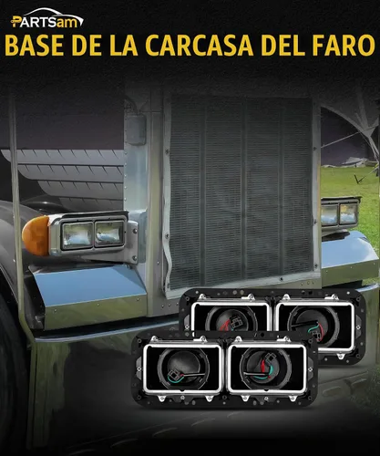 Vista 5 de Base de carcasa de faro PARTSam con enchufes H4, arneses de cableado, bisel de acero inoxidable de repuesto para Kenworth T600 T800 W900, Peterbilt