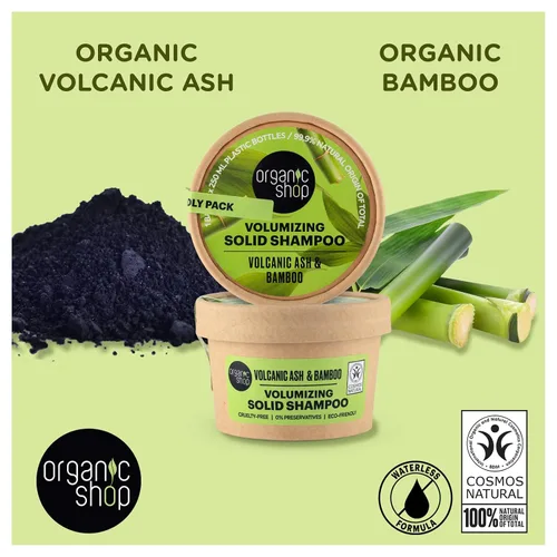 Vista 6 de Organic Shop Barra de champú sólido voluminizador de bambú y ceniza volcánica, 100% vegano y orgánico, sin parabenos y 0% conservantes, ecológico