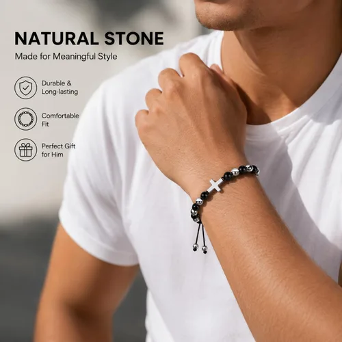 Vista 6 de JAYUMO Pulsera de cuentas ajustable con cuentas de ojo de tigre de piedra natural para hombre y mujer Cruz de ónix negro