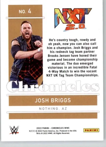 Vista 2 de 2022 Panini Chronicles #4 Josh Briggs NXT 2.0 Chronicles Official WWE Wrestling Card in Raw (NM or Better) Condition
