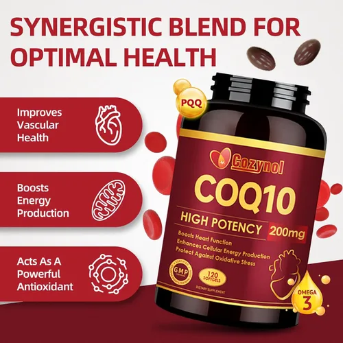Vista 3 de Cápsulas blandas CoQ10 de 200 mg con PQQ y Omega 3, coenzima de máxima absorción Q10, potente antioxidante para la salud cardíaca y energética, 120