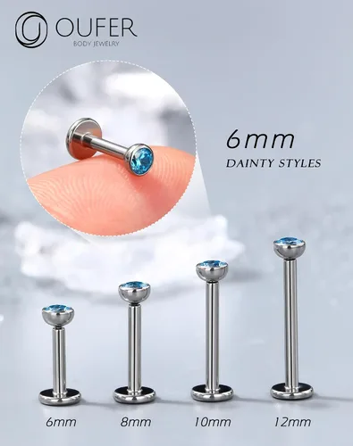 Vista 3 de OUFER - 2 aretes tipo dormilona de titanio G23 sin rosca, 20G/18G/16G, con respaldo plano y circonia cúbica pequeña, piercing para nariz, helix