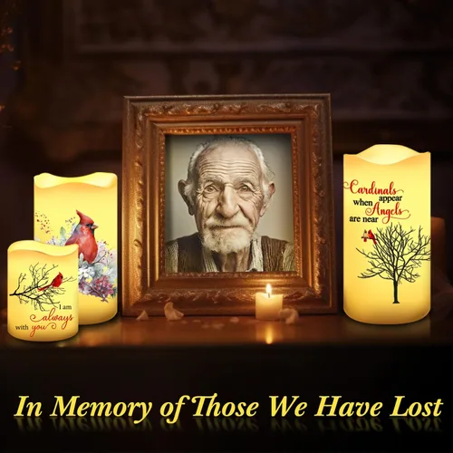 Vista 3 de Tujoe - 3 velas LED sin llama, conmemorativas cardenales, regalos de Regalos cardenales para mujeres, luces LED que funcionan con pilas, sin llama