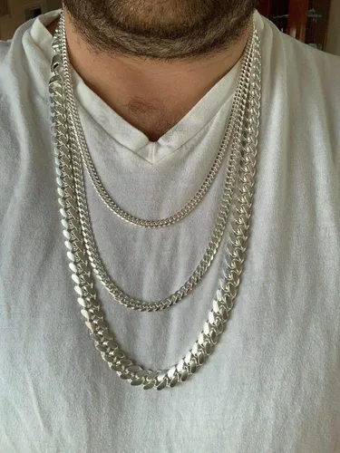 Vista 5 de Cadena de eslabones cubanos Miami de plata de ley 925 maciza, 0.079-0.472 in, 18-30 pulgadas, gran collar pesado para hombres o mujeres, hecho