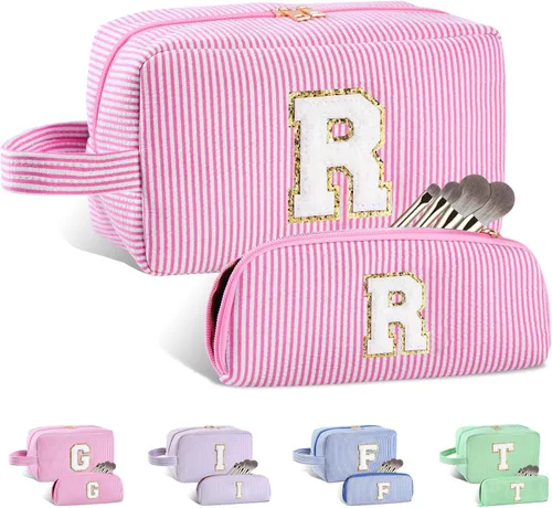 Vista 127 de Bolsa de maquillaje personalizada con inicial A-Z para mujeres, niñas y niños, bolsa de aseo de viaje, bolsa de maquillaje preparada, bolsa