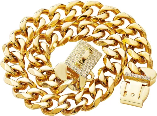 Vista 4 de Collar de acero inoxidable con eslabones de oro cubano resistente para perros pequeños, medianos y grandes, collar de perro de bulldog francés