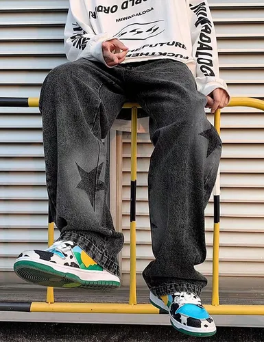 Vista 7 de Pantalones de mezclilla Y2K para hombre, estilo vintage, hip hop, holgados, rectos, tela de araña, con gráficos de estrellas, pantalones
