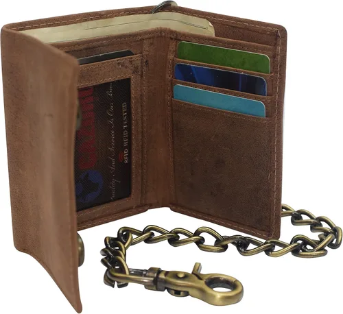 Vista 3 de Billetera de cuero vintage con bloqueo RFID para hombre, con cierre a presión, Beige Bronceado, Cartera Biker
