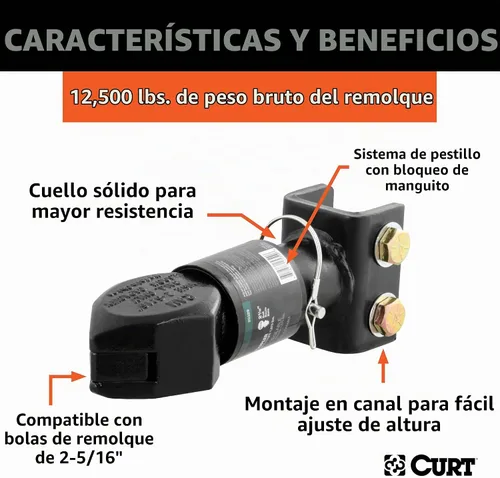 Vista 3 de CURT 25329 Acoplador de remolque ajustable para montaje en canal, bola de enganche de 2-5/16 pulgadas, 12,500 libras, negro