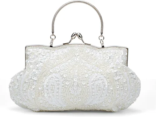 Vista 9 de Simcat - Bolso de mano grande tipo clutch con lentejuelas y cuentas florales de noche Dorado