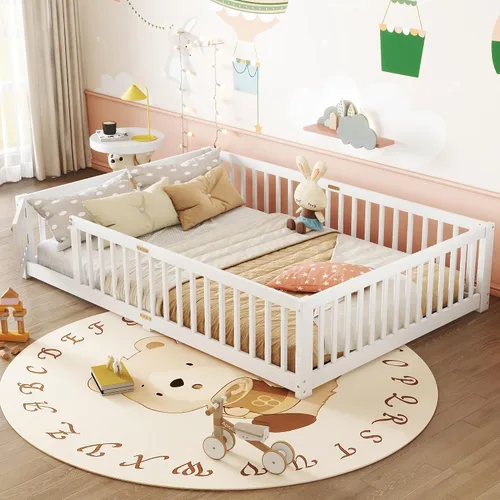 Vista 26 de Cama Montessori de tamaño matrimonial con tablillas, puerta y valla, cama Gris